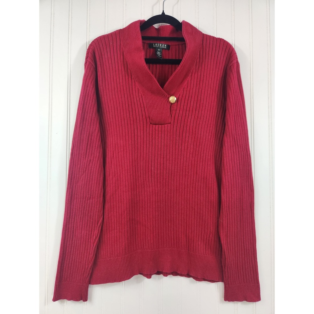 Lauren‎ Ralph L Red Ribbed Shawl Collar Cotton Sweater Plus Size 2X Gold Button